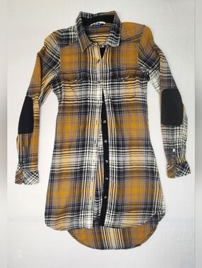 Kavu Jurnee Yellow Black Plaid Flannel Shirt Dress Elbow Patch Tunic XS Gorpcore